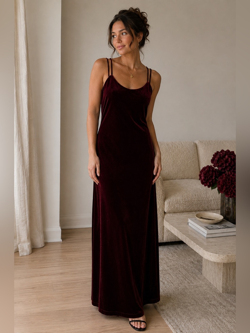 Vintage 90s Burgundy Velvet Maxi Dress Double Spaghetti Strap Made in Canada 8 - Picture 2 of 7